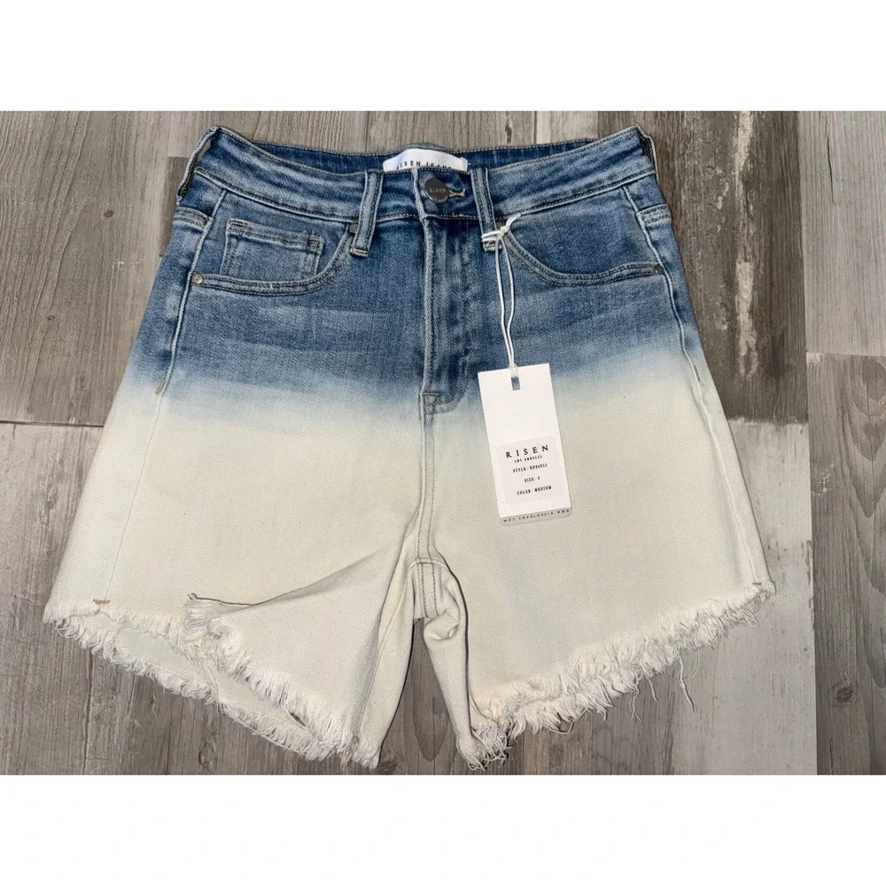 Risen Jeans High Rise Two Tone Shorts Womens Blue White Ombre Frayed Small NEW